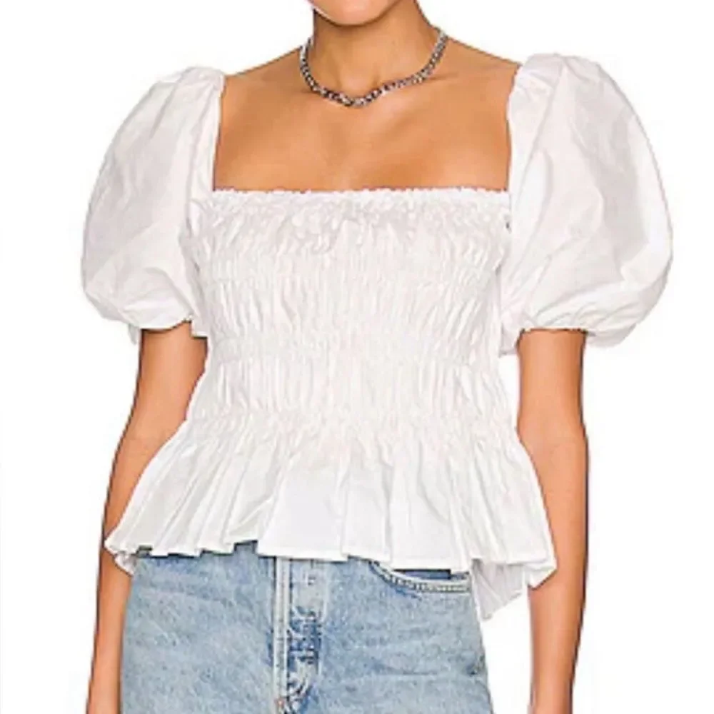 Revolve ASTR The Label Savina Cotton White Puff Sleeve Peplum Top